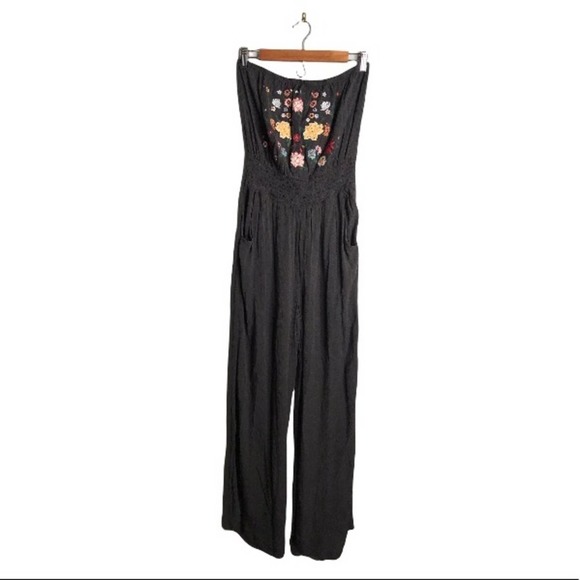 Xhilaration | Grey Strapless Jumpsuit Jeweled & Embroidered Floral Boho Chest - Picture 2 of 10